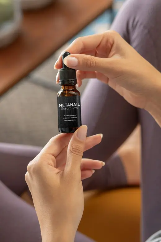 Metanail Serum Pro dropper bottle held between two fingers